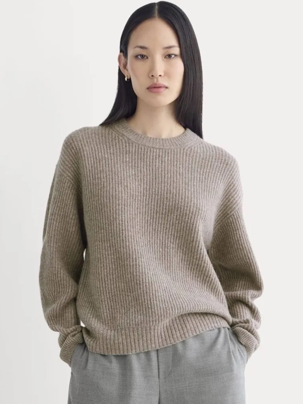 Everlane The Cocoon Crew in wool cashmere, light weathered taupe
